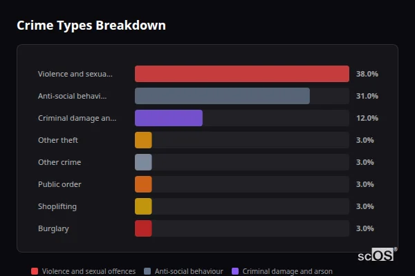 Crime Types Breakdown - Rishton Crime Types Breakdown for Rishton - showing Violence and sexual offences (38%), Anti-social behaviour (31%), Criminal damage and arson (12%)