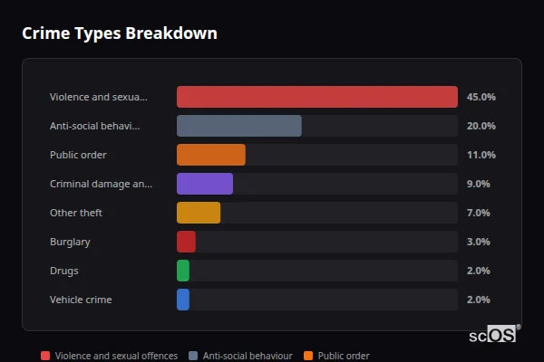 Crime Types Breakdown for Beaumaris - showing Violence and sexual offences (45%), Anti-social behaviour (20%), Public order (11%)