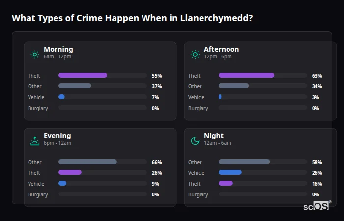 What Types of Crime Happen When in Llanerchymedd? Crime types by time period for Llanerchymedd - showing breakdown of burglary, violence, theft, and vehicle crime by morning, afternoon, evening, and night