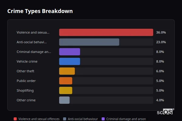 Crime Types Breakdown for Llanfair Pwllgwyngyll - showing Violence and sexual offences (36%), Anti-social behaviour (23%), Criminal damage and arson (8%)