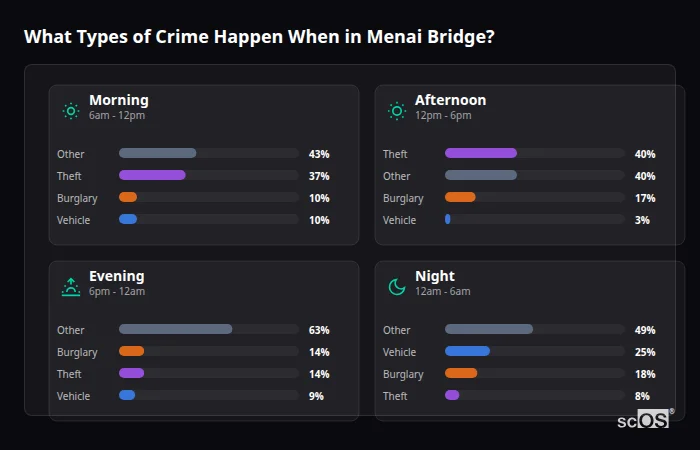 Crime types by time period for Menai Bridge - showing breakdown of burglary, violence, theft, and vehicle crime by morning, afternoon, evening, and night