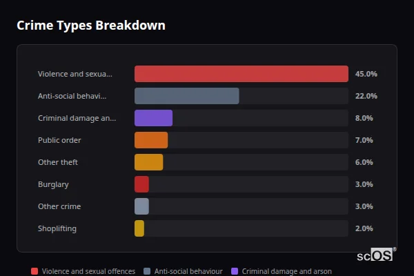 Crime Types Breakdown for Rural Isle of Anglesey - showing Violence and sexual offences (45%), Anti-social behaviour (22%), Criminal damage and arson (8%)