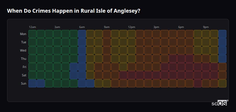 Crime time heatmap for Rural Isle of Anglesey - showing when crimes are most likely to occur by day and hour
