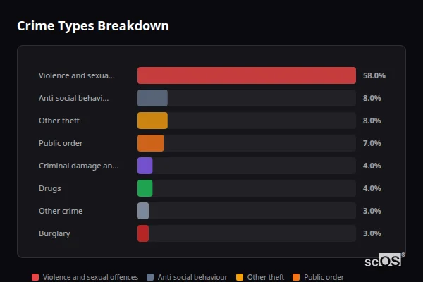 Crime Types Breakdown - Brading Crime Types Breakdown for Brading - showing Violence and sexual offences (58%), Anti-social behaviour (8%), Other theft (8%)