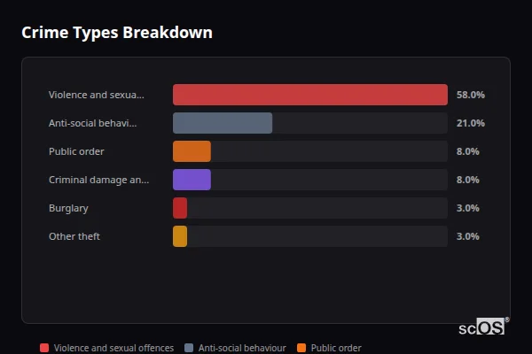 Crime Types Breakdown for Seaview and Nettlestone - showing Violence and sexual offences (58%), Anti-social behaviour (21%), Public order (8%)