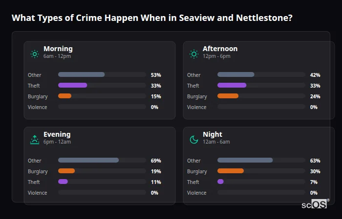 Crime types by time period for Seaview and Nettlestone - showing breakdown of burglary, violence, theft, and vehicle crime by morning, afternoon, evening, and night