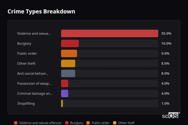 Crime Types Breakdown - Burnham Market Crime Types Breakdown for Burnham Market - showing Violence and sexual offences (55%), Burglary (10%), Public order (9%)
