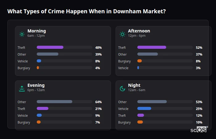 What Types of Crime Happen When in Downham Market? Crime types by time period for Downham Market - showing breakdown of burglary, violence, theft, and vehicle crime by morning, afternoon, evening, and night