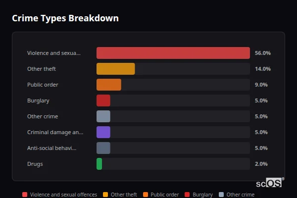 Crime Types Breakdown - Feltwell Crime Types Breakdown for Feltwell - showing Violence and sexual offences (56%), Other theft (14%), Public order (9%)
