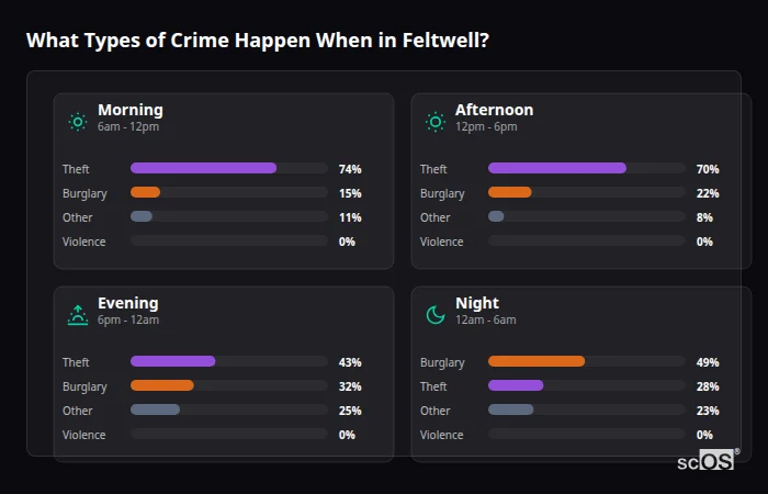 What Types of Crime Happen When in Feltwell? Crime types by time period for Feltwell - showing breakdown of burglary, violence, theft, and vehicle crime by morning, afternoon, evening, and night