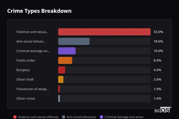 Crime Types Breakdown for Snettisham - showing Violence and sexual offences (53%), Anti-social behaviour (18%), Criminal damage and arson (10%)