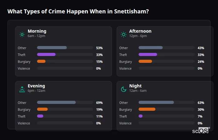 Crime types by time period for Snettisham - showing breakdown of burglary, violence, theft, and vehicle crime by morning, afternoon, evening, and night