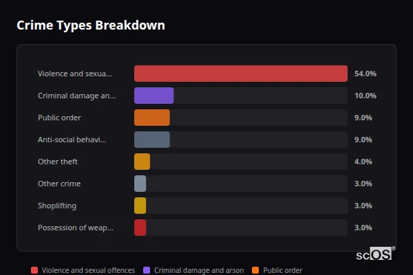 Crime Types Breakdown - Terrington St Clement Crime Types Breakdown for Terrington St Clement - showing Violence and sexual offences (54%), Criminal damage and arson (10%), Public order (9%)