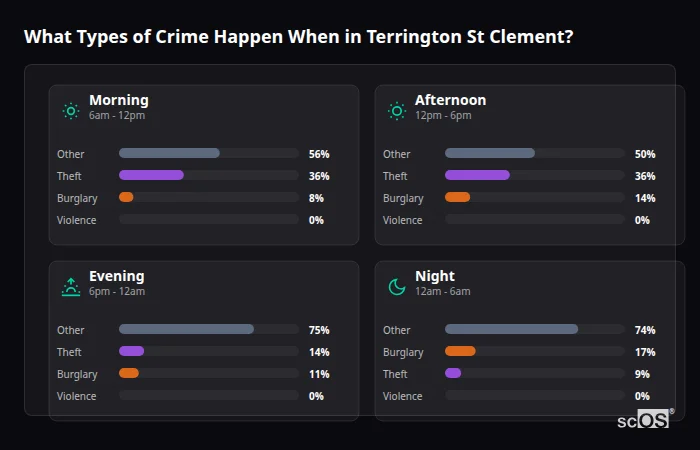 What Types of Crime Happen When in Terrington St Clement? Crime types by time period for Terrington St Clement - showing breakdown of burglary, violence, theft, and vehicle crime by morning, afternoon, evening, and night