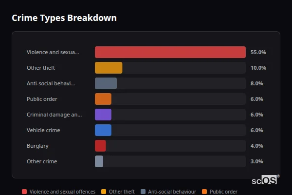 Crime Types Breakdown - Tilney St Lawrence Crime Types Breakdown for Tilney St Lawrence - showing Violence and sexual offences (55%), Other theft (10%), Anti-social behaviour (8%)