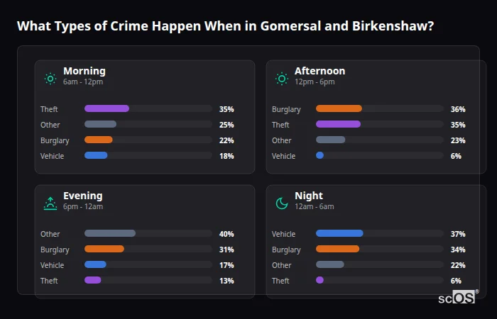 Crime types by time period for Gomersal and Birkenshaw - showing breakdown of burglary, violence, theft, and vehicle crime by morning, afternoon, evening, and night