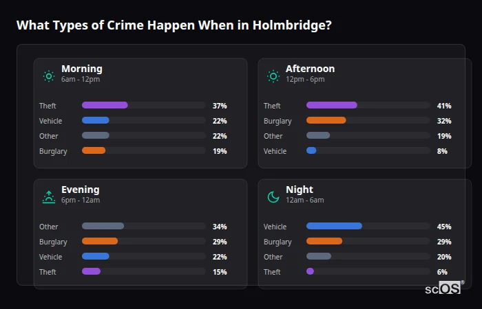 Crime types by time period for Holmbridge - showing breakdown of burglary, violence, theft, and vehicle crime by morning, afternoon, evening, and night