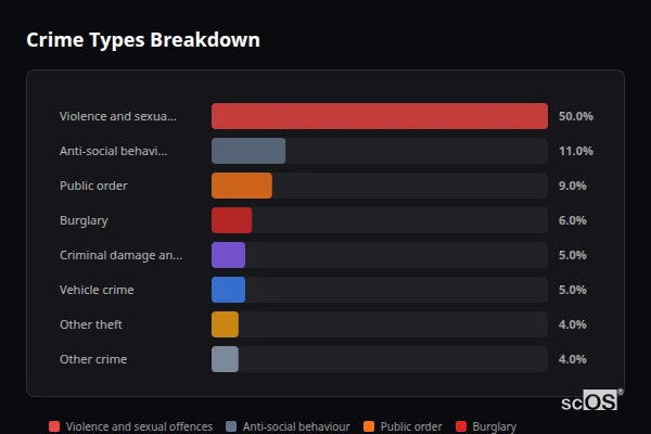 Crime Types Breakdown for Honley - showing Violence and sexual offences (50%), Anti-social behaviour (11%), Public order (9%)