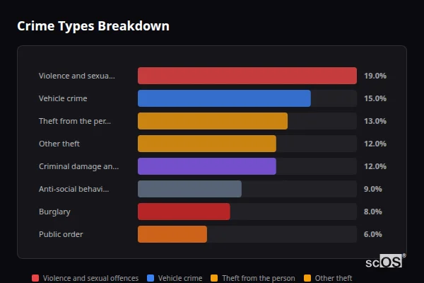 Crime Types Breakdown for Rural Lambeth - showing Violence and sexual offences (19%), Vehicle crime (15%), Theft from the person (13%)