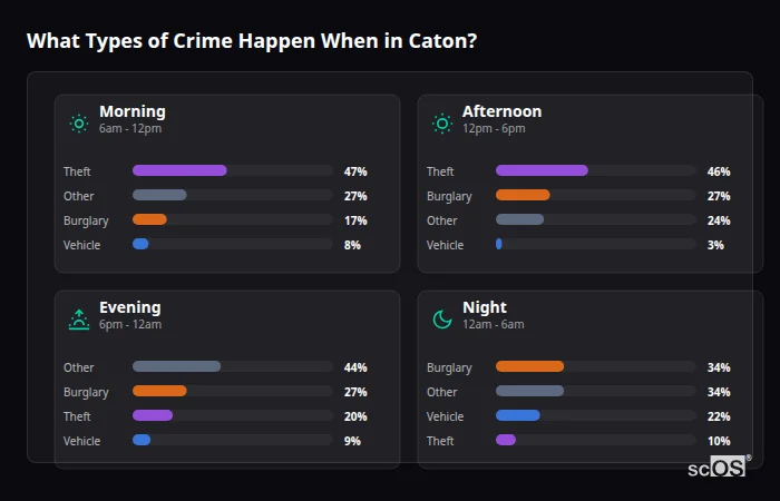 Crime types by time period for Caton - showing breakdown of burglary, violence, theft, and vehicle crime by morning, afternoon, evening, and night