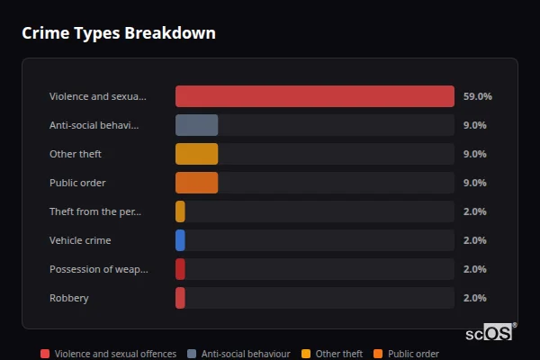 Crime Types Breakdown for Bardsey - showing Violence and sexual offences (59%), Anti-social behaviour (9%), Other theft (9%)