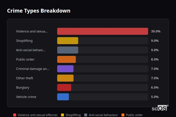 Crime Types Breakdown - Leeds Crime Types Breakdown for Leeds - showing Violence and sexual offences (39%), Shoplifting (9%), Anti-social behaviour (8%)