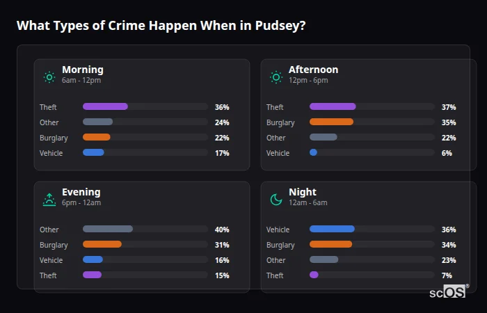 Crime types by time period for Pudsey - showing breakdown of burglary, violence, theft, and vehicle crime by morning, afternoon, evening, and night