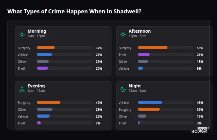 Crime types by time period for Shadwell - showing breakdown of burglary, violence, theft, and vehicle crime by morning, afternoon, evening, and night
