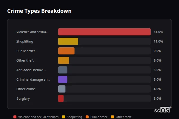 Crime Types Breakdown for Swillington - showing Violence and sexual offences (51%), Shoplifting (11%), Public order (9%)