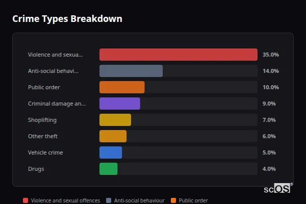 Crime Types Breakdown for Leicester - showing Violence and sexual offences (35%), Anti-social behaviour (13%), Public order (10%)