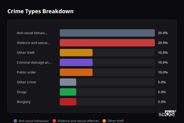 Crime Types Breakdown for Plumpton Green - showing Anti-social behaviour (29%), Violence and sexual offences (29%), Other theft (10%)