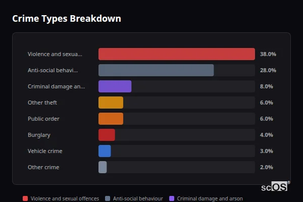 Crime Types Breakdown - Ringmer Crime Types Breakdown for Ringmer - showing Violence and sexual offences (38%), Anti-social behaviour (28%), Criminal damage and arson (8%)