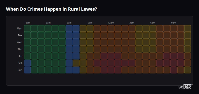 Crime time heatmap for Rural Lewes - showing when crimes are most likely to occur by day and hour