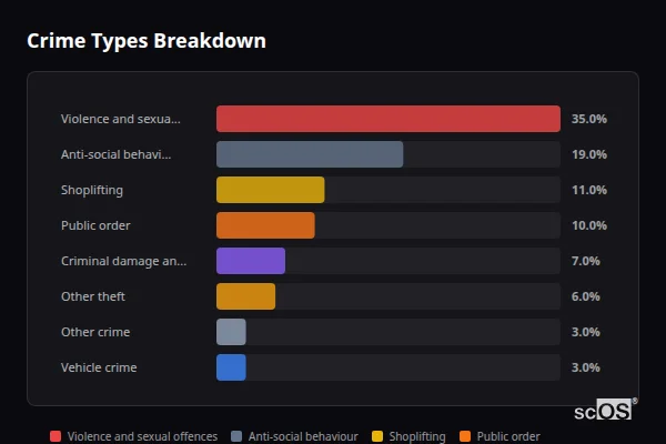 Crime Types Breakdown for Seaford - showing Violence and sexual offences (35%), Anti-social behaviour (19%), Shoplifting (11%)