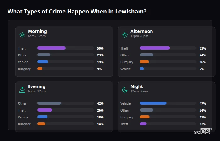 Crime types by time period for Lewisham - showing breakdown of burglary, violence, theft, and vehicle crime by morning, afternoon, evening, and night