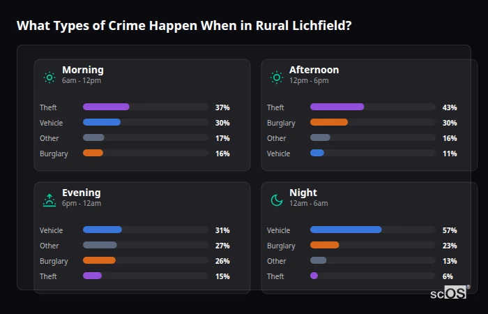 Crime types by time period for Rural Lichfield - showing breakdown of burglary, violence, theft, and vehicle crime by morning, afternoon, evening, and night