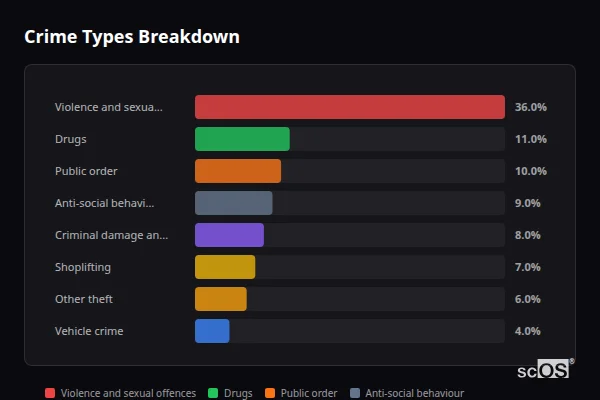 Crime Types Breakdown for Liverpool - showing Violence and sexual offences (36%), Drugs (11%), Public order (10%)