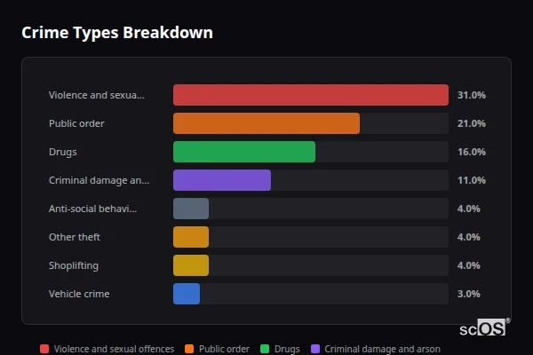 Crime Types Breakdown for Rural Liverpool - showing Violence and sexual offences (31%), Public order (21%), Drugs (16%)