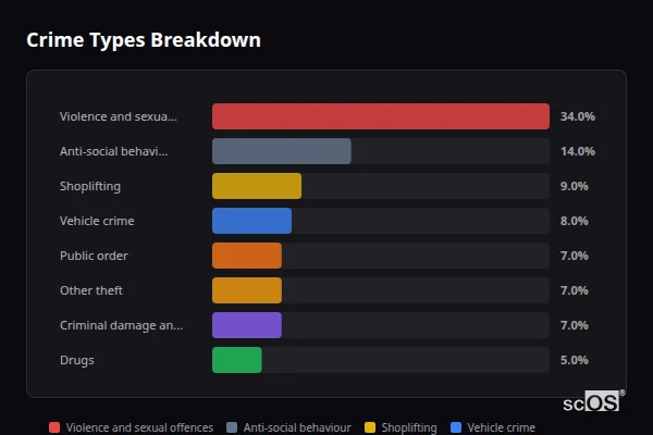 Crime Types Breakdown for Luton - showing Violence and sexual offences (34%), Anti-social behaviour (14%), Shoplifting (9%)