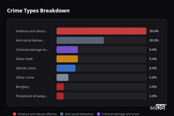 Crime Types Breakdown for Langley Heath - showing Violence and sexual offences (38%), Anti-social behaviour (20%), Criminal damage and arson (9%)
