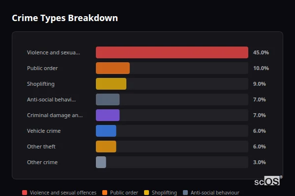 Crime Types Breakdown for Burnham-on-Crouch - showing Violence and sexual offences (45%), Public order (10%), Shoplifting (9%)
