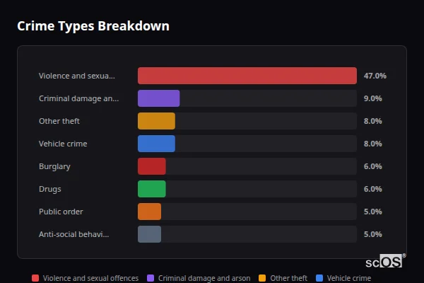 Crime Types Breakdown for Rural Maldon - showing Violence and sexual offences (47%), Criminal damage and arson (9%), Other theft (8%)