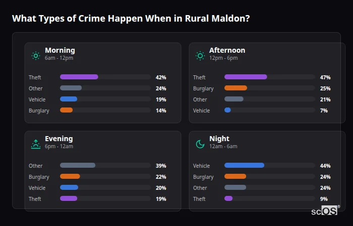 Crime types by time period for Rural Maldon - showing breakdown of burglary, violence, theft, and vehicle crime by morning, afternoon, evening, and night