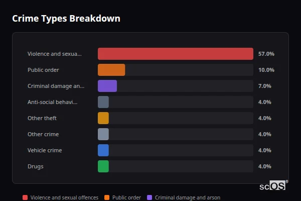 Crime Types Breakdown for Southminster - showing Violence and sexual offences (57%), Public order (10%), Criminal damage and arson (7%)