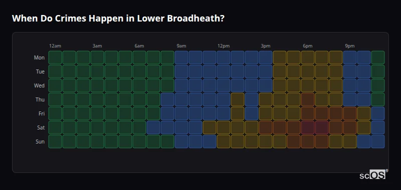 Crime time heatmap for Lower Broadheath - showing when crimes are most likely to occur by day and hour