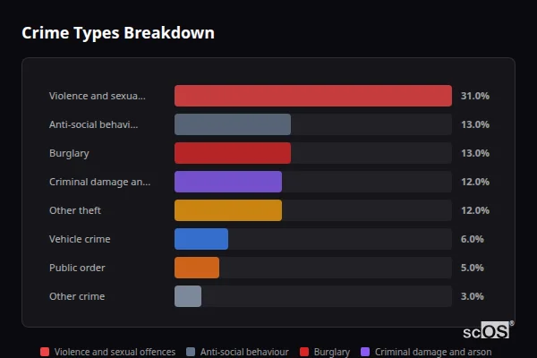 Crime Types Breakdown - Rushwick Crime Types Breakdown for Rushwick - showing Violence and sexual offences (31%), Anti-social behaviour (13%), Burglary (13%)