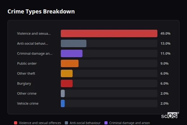 Crime Types Breakdown for Upton upon Severn - showing Violence and sexual offences (49%), Anti-social behaviour (13%), Criminal damage and arson (11%)