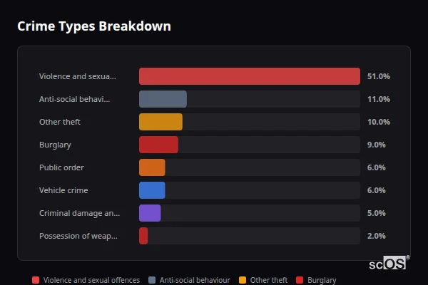 Crime Types Breakdown for Welland - showing Violence and sexual offences (51%), Anti-social behaviour (11%), Other theft (10%)