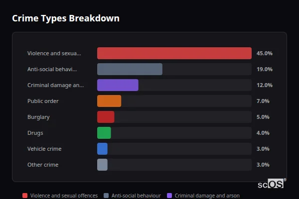 Crime Types Breakdown for Meden Vale - showing Violence and sexual offences (45%), Anti-social behaviour (19%), Criminal damage and arson (12%)
