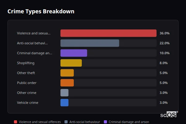 Crime Types Breakdown for Rural Mansfield - showing Violence and sexual offences (36%), Anti-social behaviour (22%), Criminal damage and arson (10%)